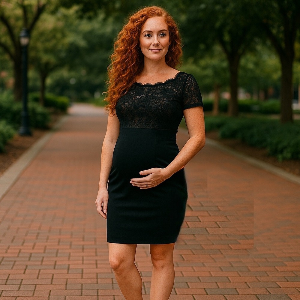Kimi and Kai Maternity Black Lace Trim Body-Con Cocktail Dress Sz L EUC